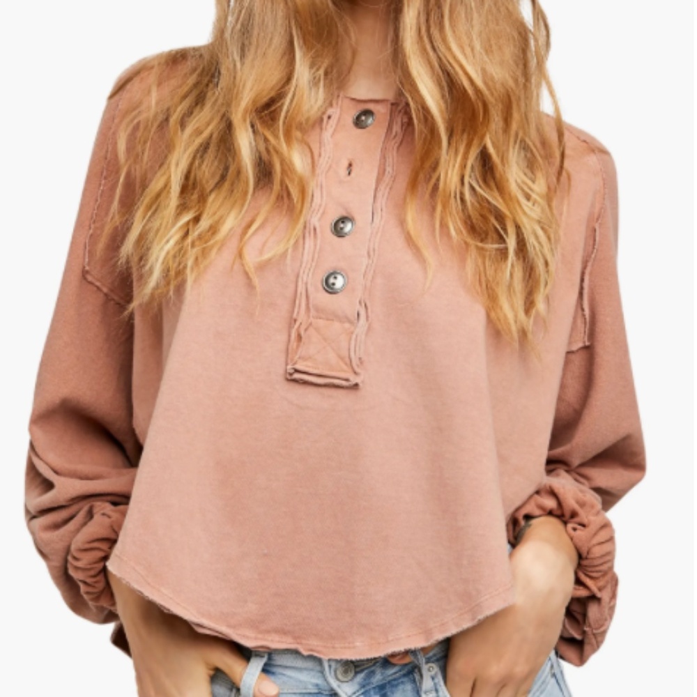Free People Long Sleeve Henley Top in Brown